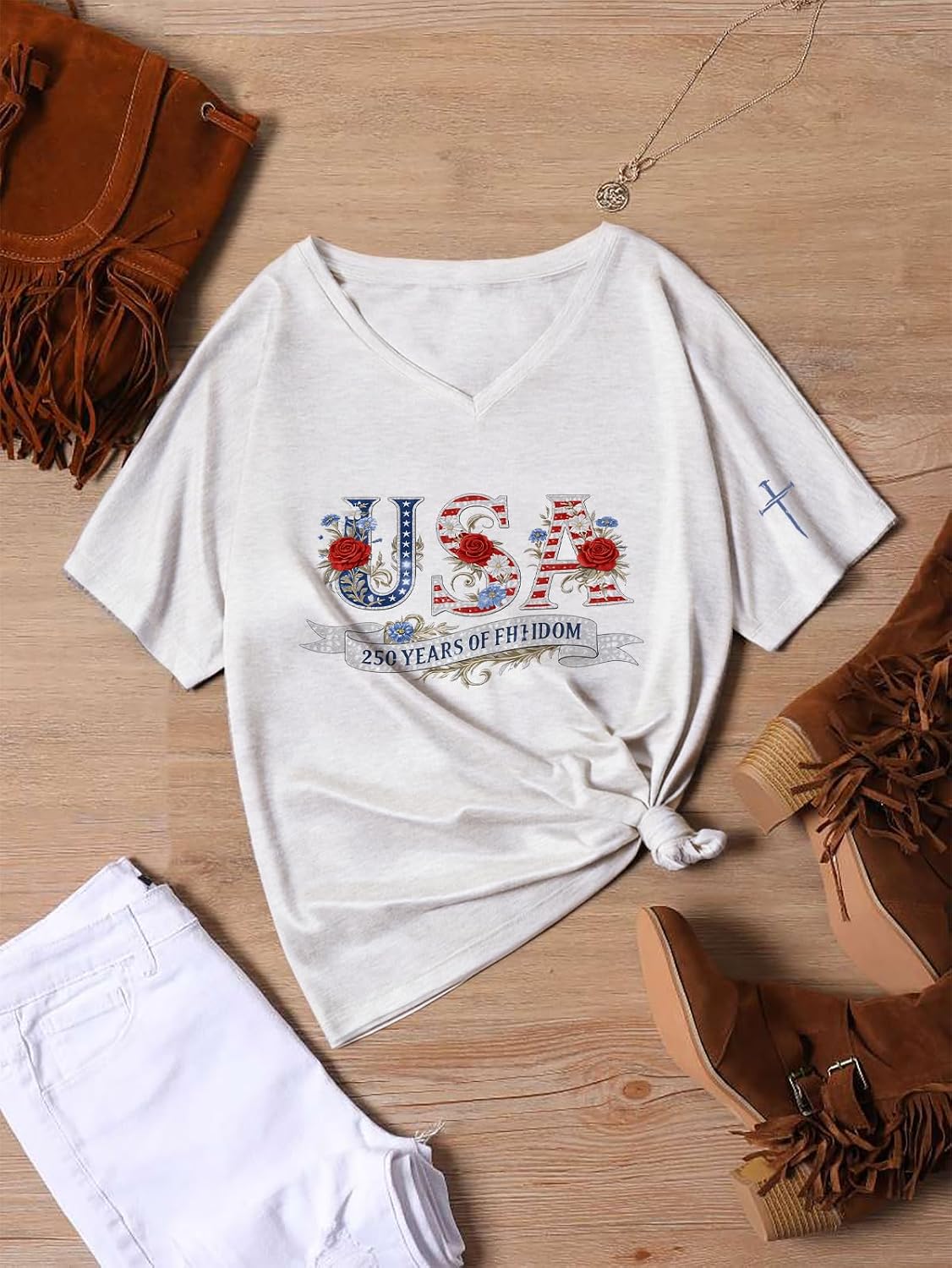 250th Anniversary USA Patriotic V-Neck T-Shirt for Women, Cotton 1776-2026 Tee, 4th of July Casual Tops