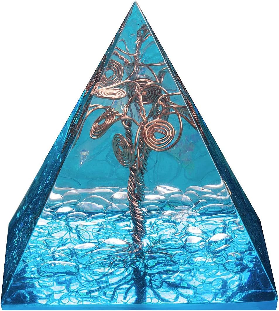 SUNYIK Handmade Tree of Life Orgone Pyramid Energy Generator, Chip Rock Quartz Chakra Healing Crystal Point for Protection Meditation Yoga 2" Light Blue
