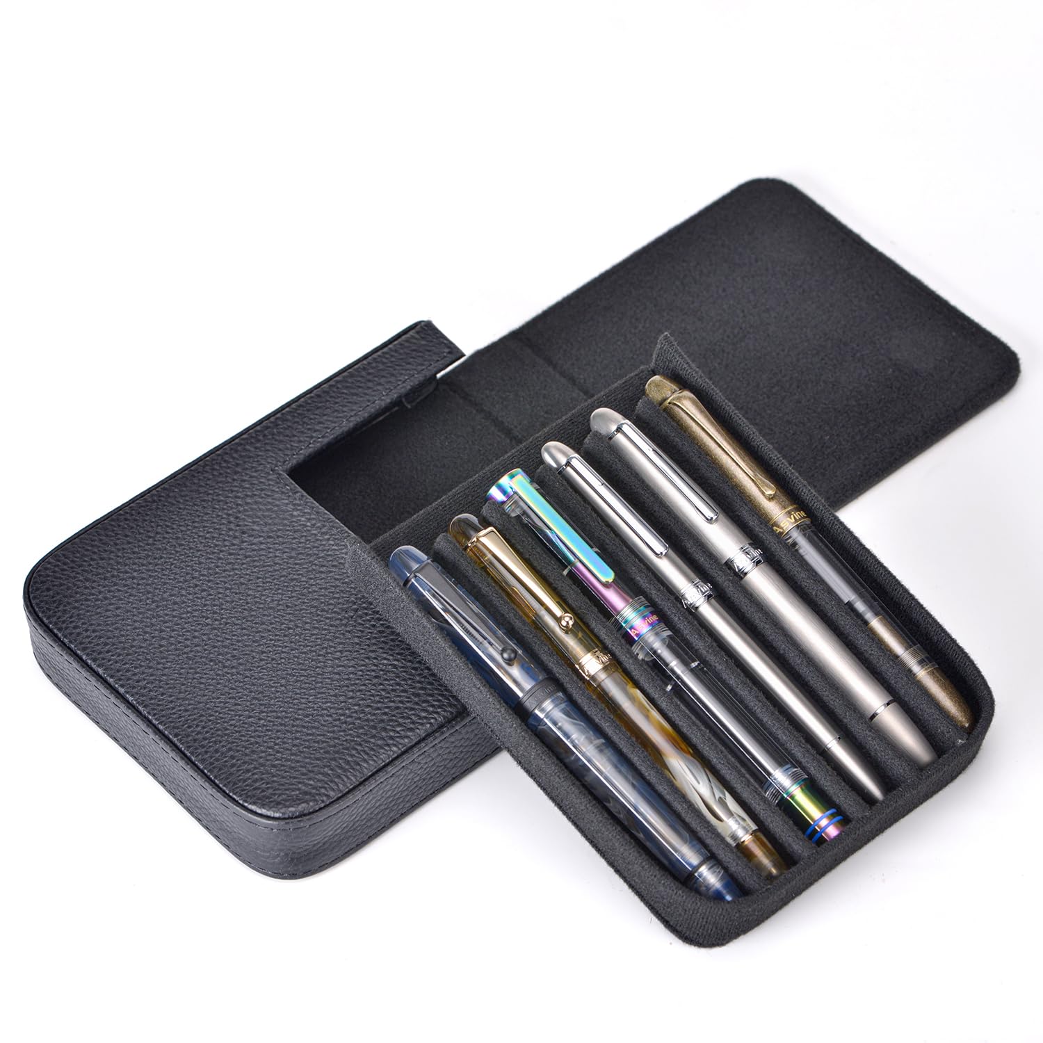 Lanxivi Genuine Leather Fountain Pen Case 6 Slot Black Leather Organizer, Portable Pen Bag Pouch Drawer Style - Image 4