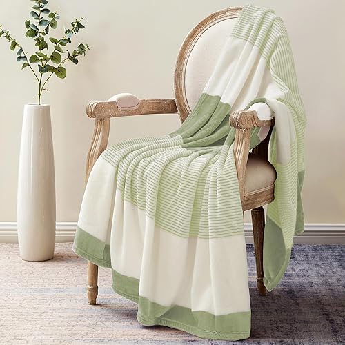 Miniatura 1 de Homelike Moment Manta de forro polar para sofá, verde salvia, de 60 x 80 pulgadas, suave, acogedora, a rayas verdes y blancas, para sofá y cama,