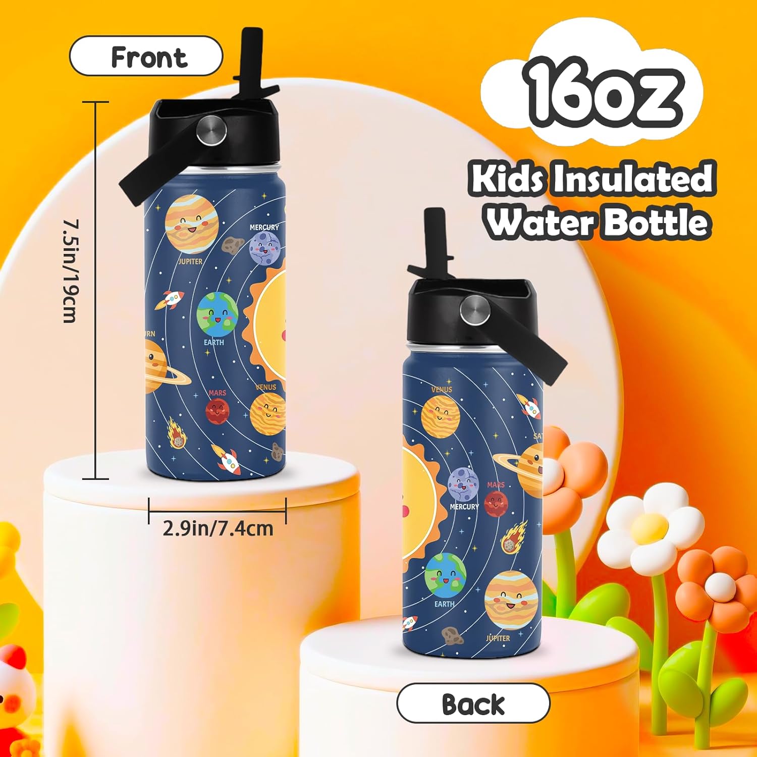 Space Planet Water Bottle - Space 16oz Stainless Steel Water Bottle with Straw - Funny Planet Insulated Cup for Boys - Solar System Kids Tumbler for School, Sports, Travel - Image 3