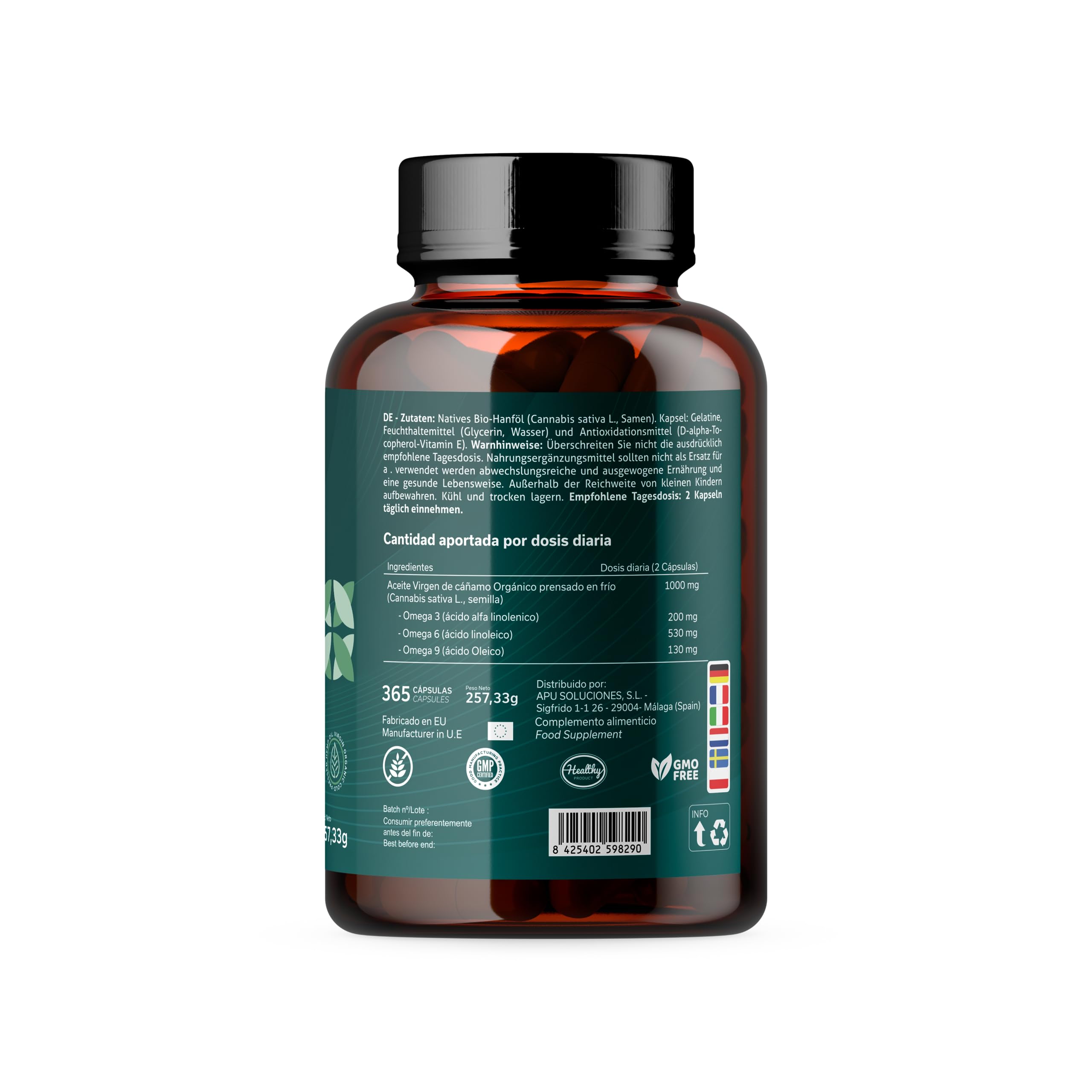 Omega 3, 6, 9 Vegetale - 365 Capsule Di Olio Di Semi Di Canapa Vergine, Spremuto A Freddo, Senza Additivi,