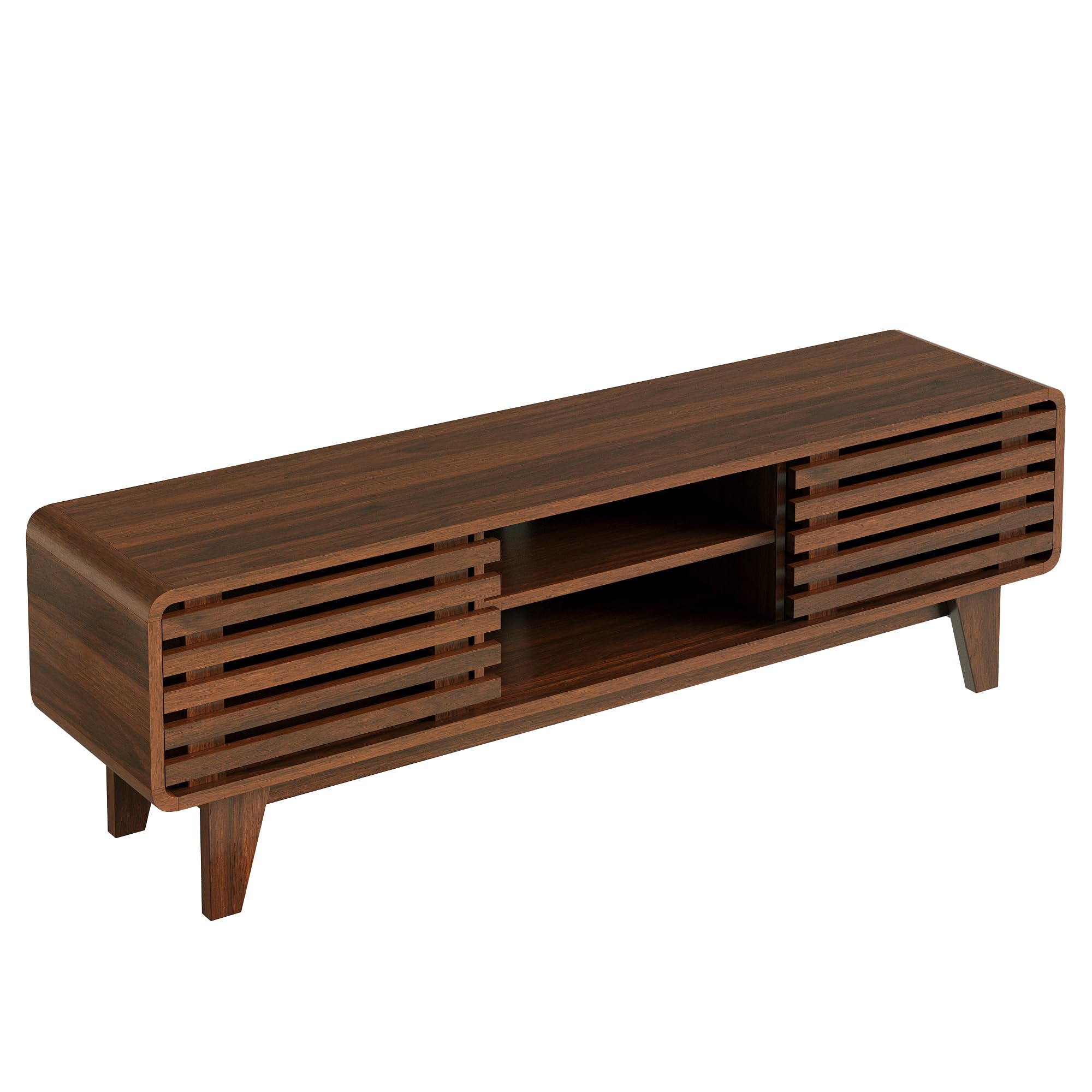 Soporte de TV para TV de 60 pulgadas, centro de entretenimiento moderno de mediados de siglo con almacenamiento, soporte de televisión bohemio con estantes y puertas correderas de rejilla, 7