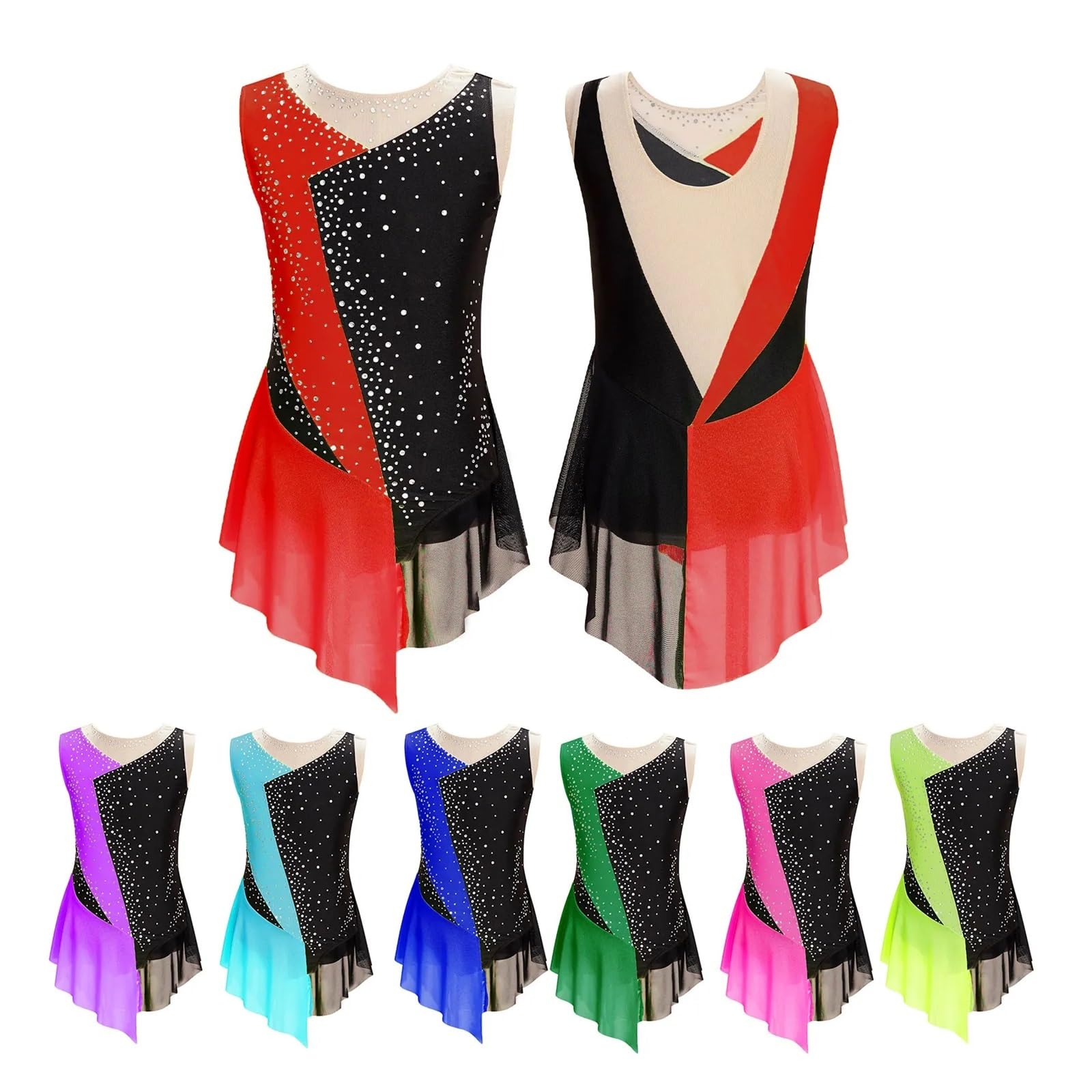 Gymnastikanzug Gymnastikanzug for Mädchen, Kinder-Eiskunstlaufkleid mit Strasssteinen, ärmelloser Body for Jazz, Latein, Ballett, lyrischen Tanz, Gymnastikanzug, Tanzbekleidung for Kinder von 6–16 Jah