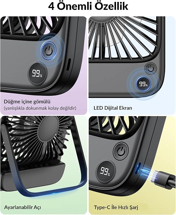 Warmco D2 5000mAh Şarjlı Masaüstü Vantilatör Dijital Göstergeli Taşınabilir Ultra İnce Soğutucu Fan Siyah