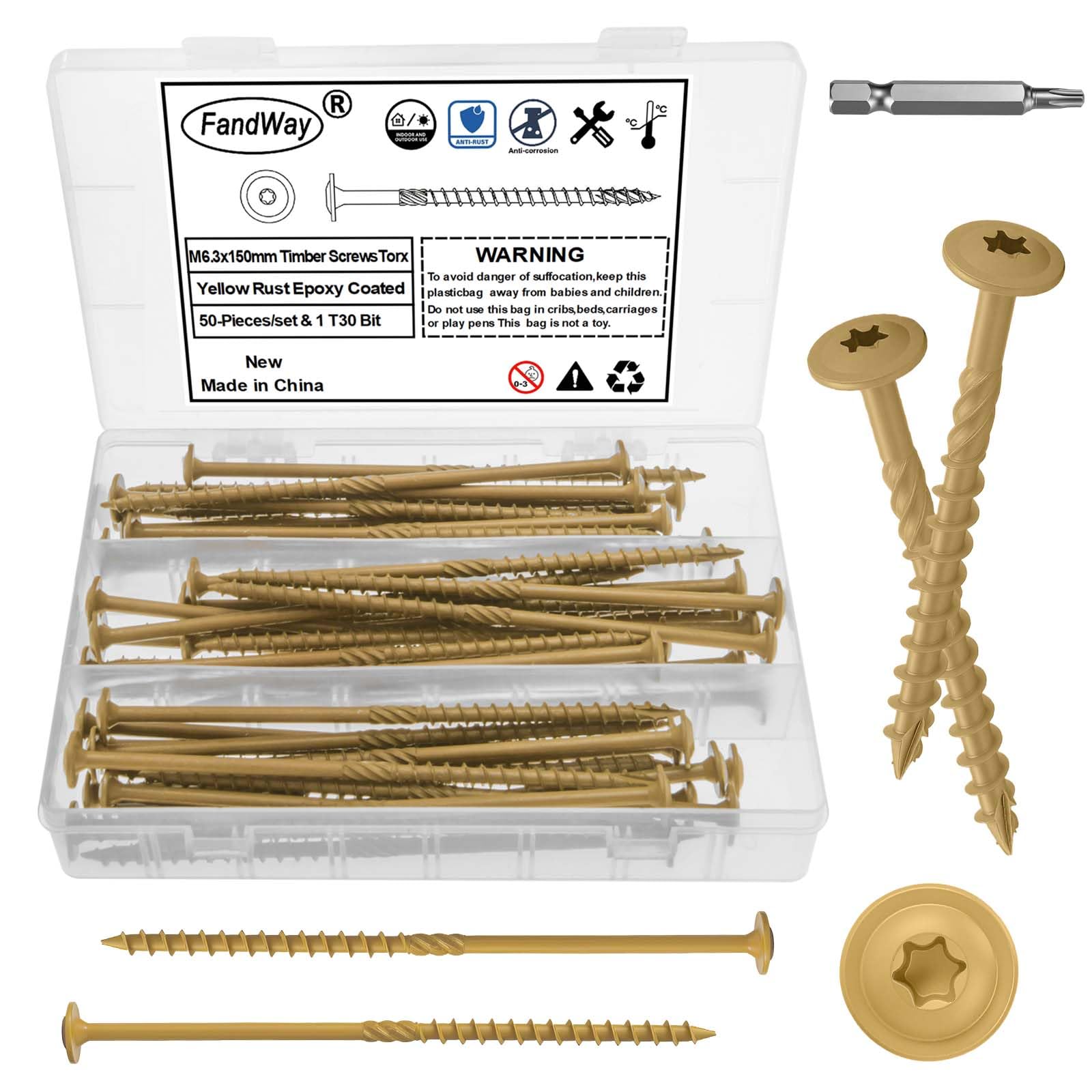 FandWay 50 Pcs Timber Screws,6.3x150mm Heavy Duty Structural Wood Screws,Torx Wafer Head Fixing Deck Screw,Rust Epoxy Coated With T30 Star Bits for Outdoor Log Landscape Frame Construction (Yellow).