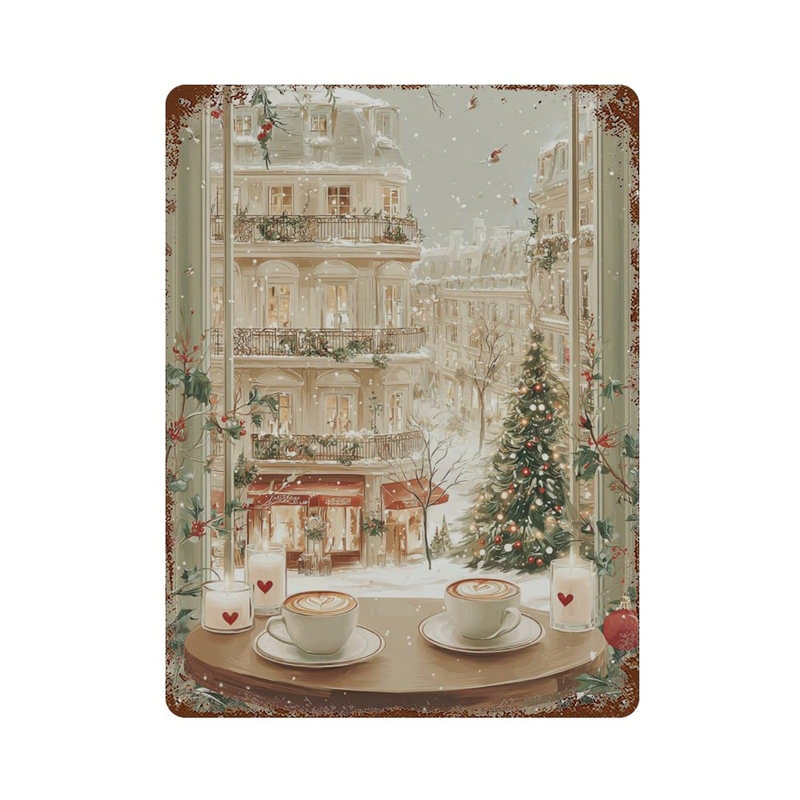 xiaoxiaoshen Parisian Christmas Cafe Cozy Winter Window Scene Holiday Coffee And City View Wa Wall Decor Art Metal Tin Poster Modern Home Decor Art Home Bar Shop Decorations Vintage Sign 40x30cm