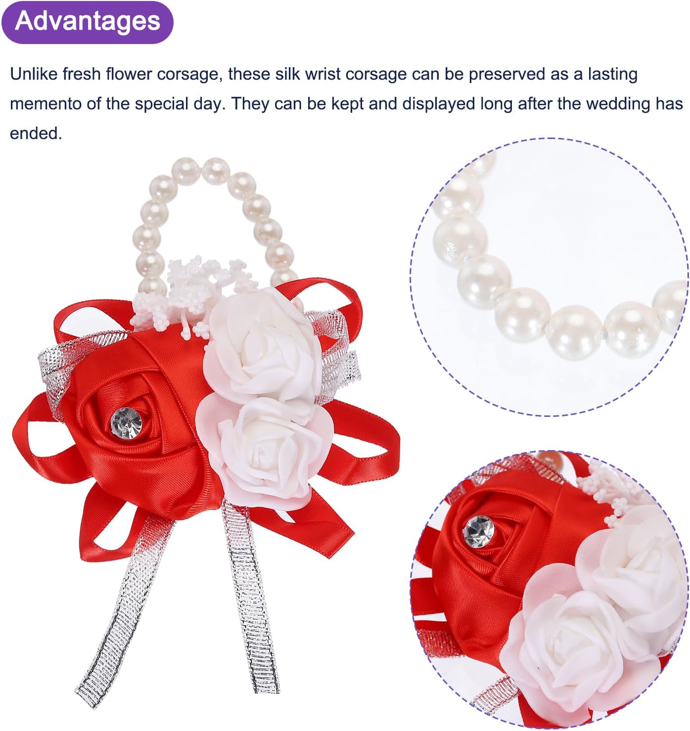 MECCANIXITY 12Pcs Wrist Corsage Artificial Flower Bracelets Rose Wrist Bride Groom Decorative for Wedding Ceremony Prom Party Anniversary Red