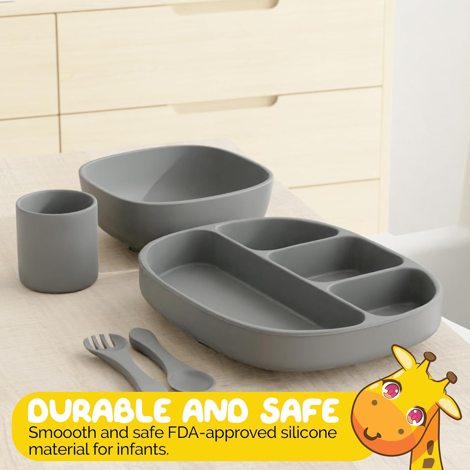 Baby Feeding Set, 6 Piece - Pebble Gray - Includes Suction Bowl, Plate, Silicone Bib, Spoon, Fork for Toddlers & Kids Dinnerware