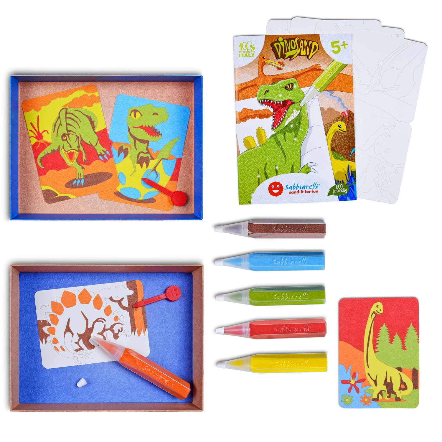 Sabbiarelli Sand-it For Fun – Kit Dinosand 5+ | Kit di Sand Art a Tema Dinosauri 100% Made in Italy con Sabbia Colorata, Disegni Adesivi e Accessori | Lavoretti Creativi per Bambino 5-12 anni