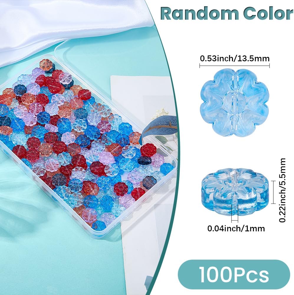 SUNNYCLUE 1 Box 100Pcs Flat Flower Beads Flower Glass Bead 14mm Colorful Transparent Clear Flat Blossom Floral Loose Spacers for Crafts Jewelry Making DIY Bracelet Earrings Necklace Supplies Women - Image 2
