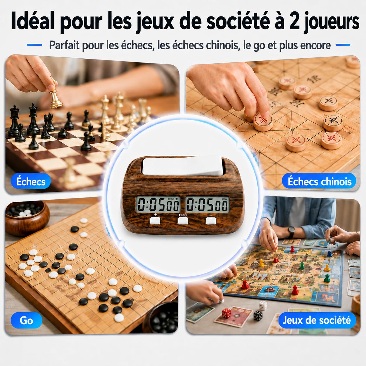 Horloge D'échecs Numérique Professionnelle, Minuteur Échec Electronique avec Compte à Rebours/Bonus/Retard, Pendule Echec Bois, Échiquier Electronique, pour Échecs, Jeu de Go et Gobang