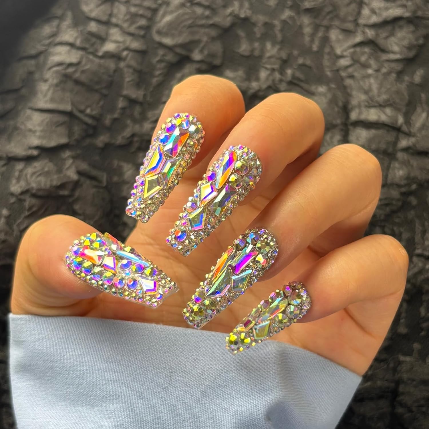 Trendy Handmade Press On Nails Long Square Shape,10Pcs Crystal AB Diamonds Acrylic Fake Nails with 3D Rhine Stone Luxury Design Stick On Nail for Woman Gift