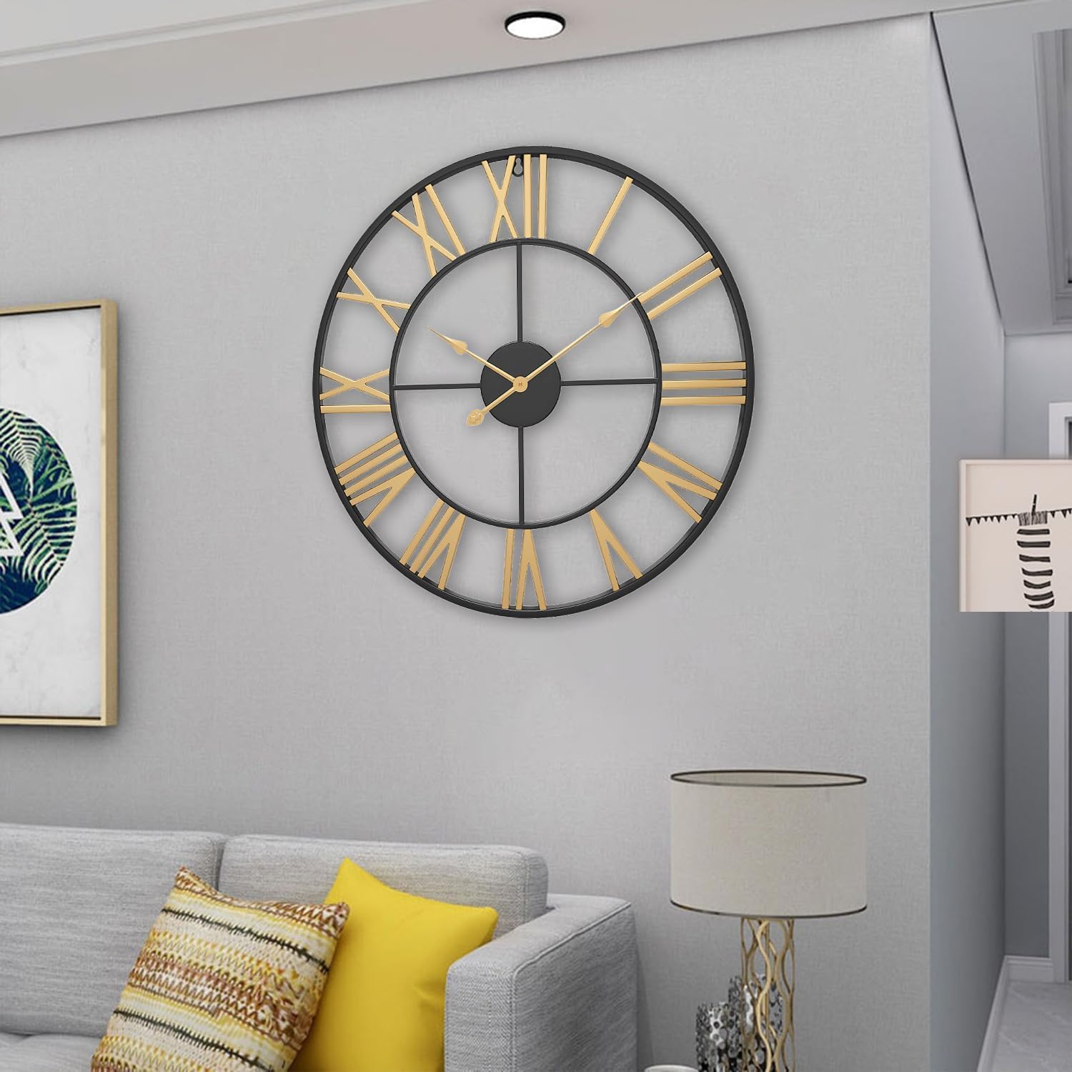 Large Wall Clocks Non-Ticking Silent 30 inch Battery Operated Oversized Metal Round Roman Numerals European Industrial Wall Clocks for Home Kitchen Living Room Office Decor