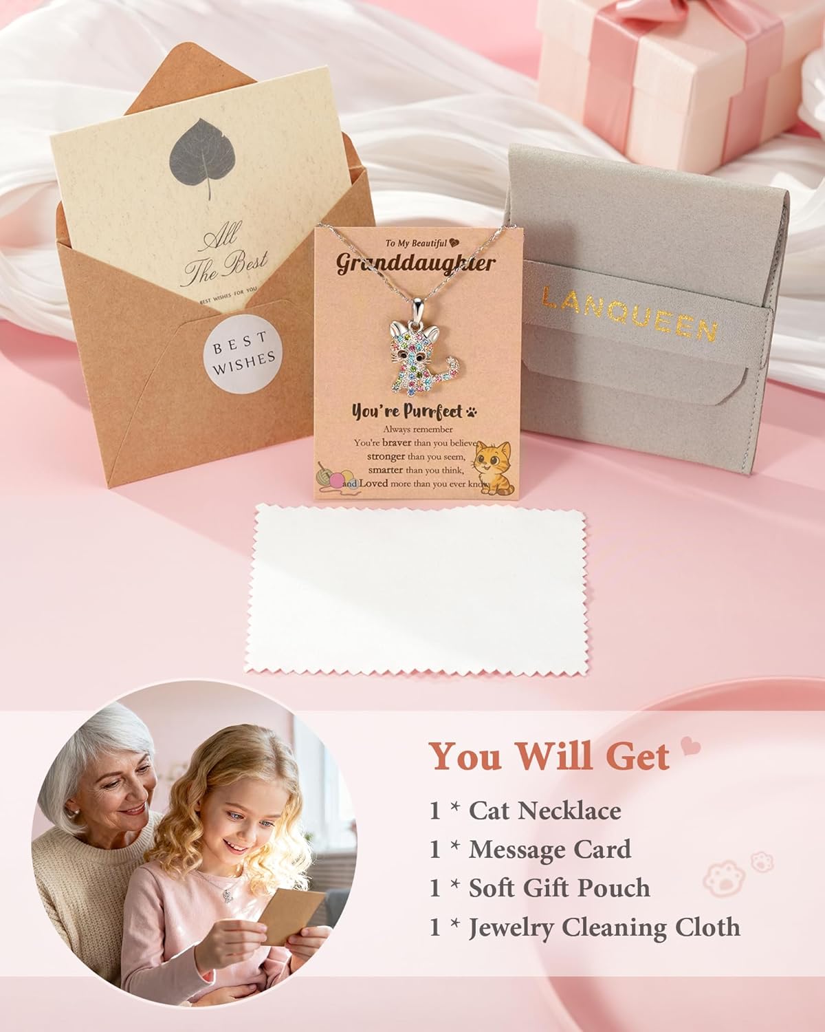 Lanqueen Granddaughter Gifts from Grandma, Granddaughter Cat Necklace, Tween Girls Gifts 8-10-12, Christmas Stocking Stuffers for Teen Girls - Image 5