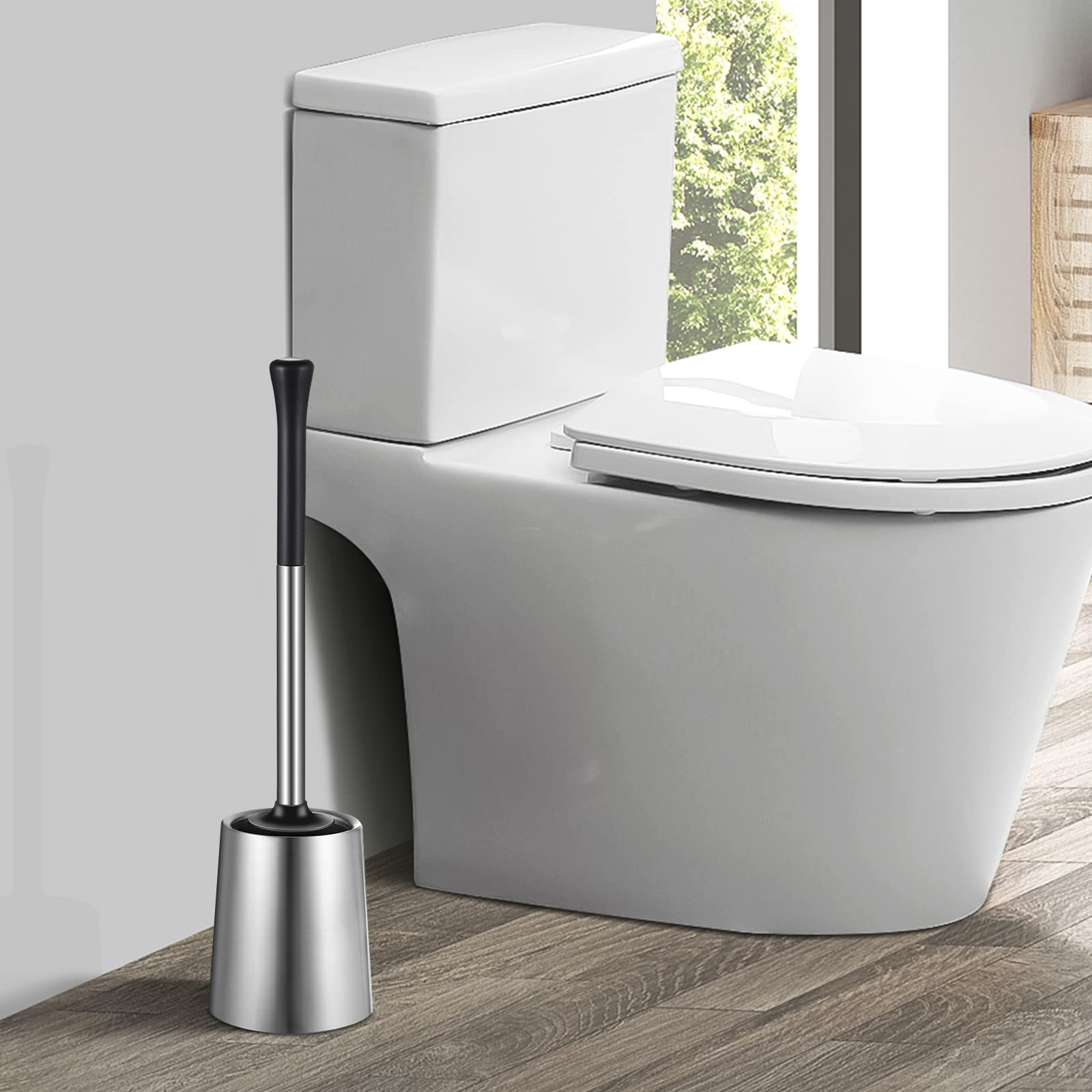 HAMITOR Juego de 2 soportes para escobilla de inodoro de silicona de acero inoxidable para limpieza profunda, para baño, accesorios compactos y modernos con organizador