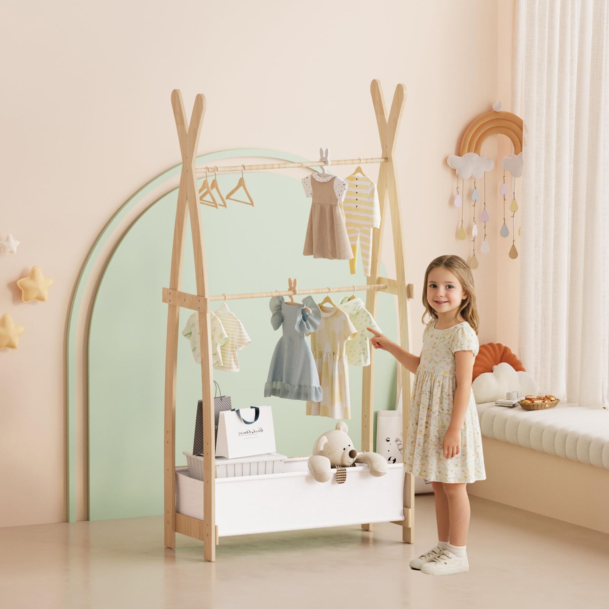 NACHES Kinder Kleiderständer Holz, Garderobenständer mit Aufbewahrungskiste und Kleiderstange, Kindergarderobe für Kinderzimmer, Mädchen (82 x 43 x 180cm)