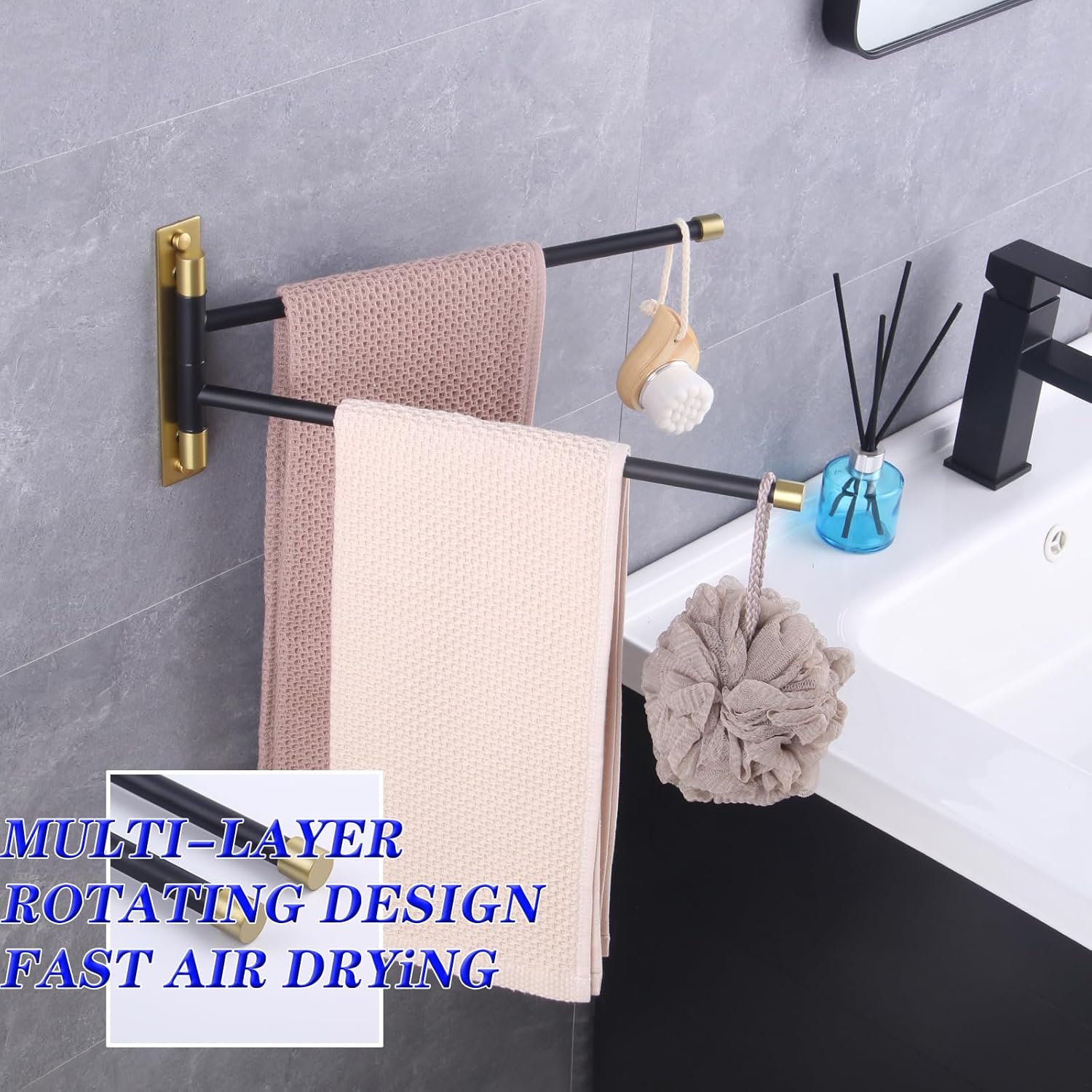 GERZWY Bathroom Swing Arm Towel Bars 2-Arm Wall Mount Stainless Steel Bath Towel Rack Hanger Towel Holder Organizer (Black & Gold) HYG02-BD