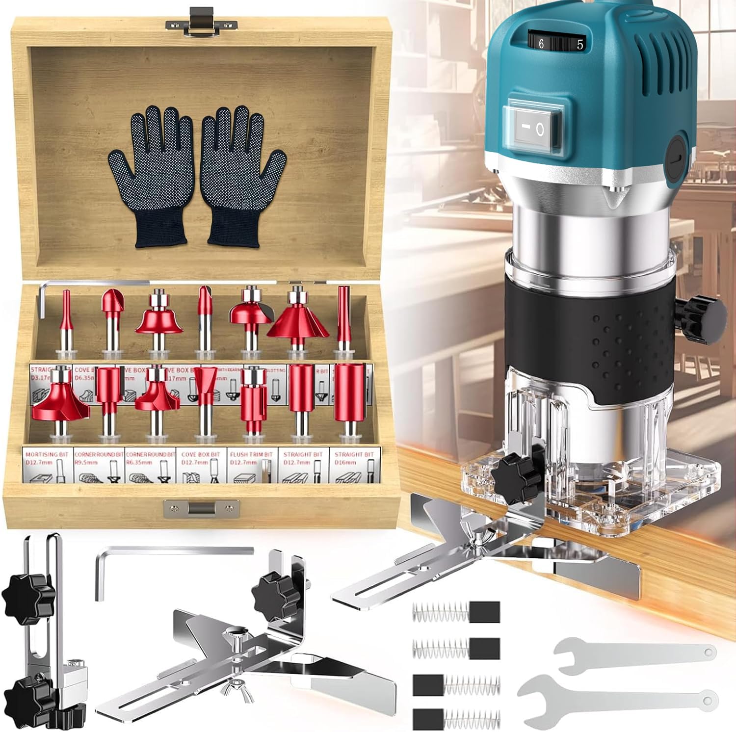 Herramienta de enrutador de palma, 800 W, 30000 rpm, enrutador manual eléctrico para carpintería con base de recortadora y 15 brocas de enrutador de 6,35 mm, enrutador de madera de 220 V (azul, 6