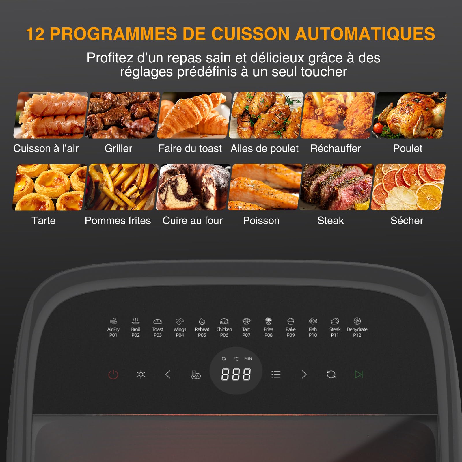 Freidora de aire caliente grande para pizza, Air Fryer XXL 12 L, horno 12 en 1, freidora de aire caliente con 8 accesorios, freidora de barbacoa, freidora multifuncional sin aceite con 2