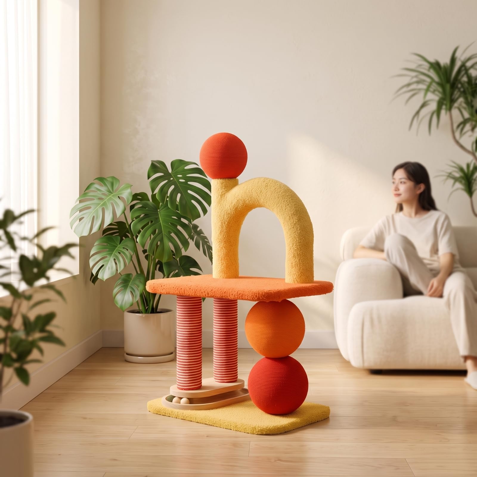 Rascador Multiactividad Mueble Felpa para Interiores, partamentos, Naranja Dopamina