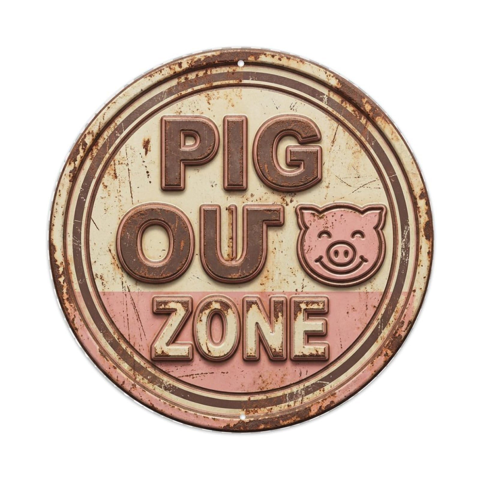 Pig Out Zone Metal Tin Sign Plaque Wall Decor for Cafe, Club Bar, Office, Home Garden Round Metal Poster 8x8Inch