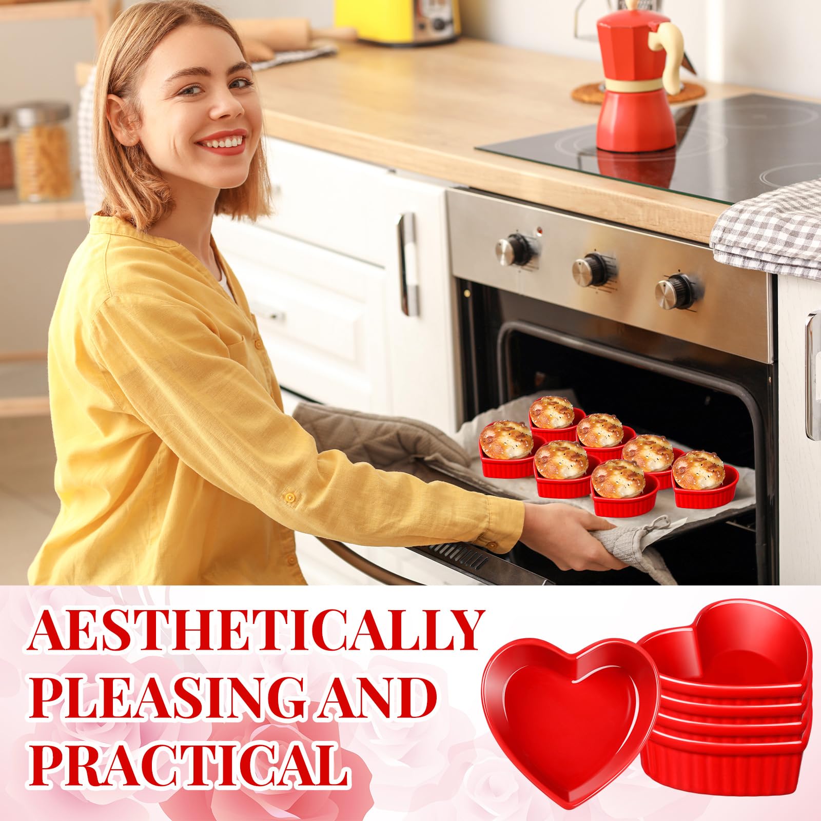 Reallnaive 8 ramequines en forma de corazón para crema brulee aptos para horno, 3.54 x 3.54 x 1.57 pulgadas, cuencos pequeños de cerámica para hornear, aperitivos, quiche, aperitivos, salsas (rojo)