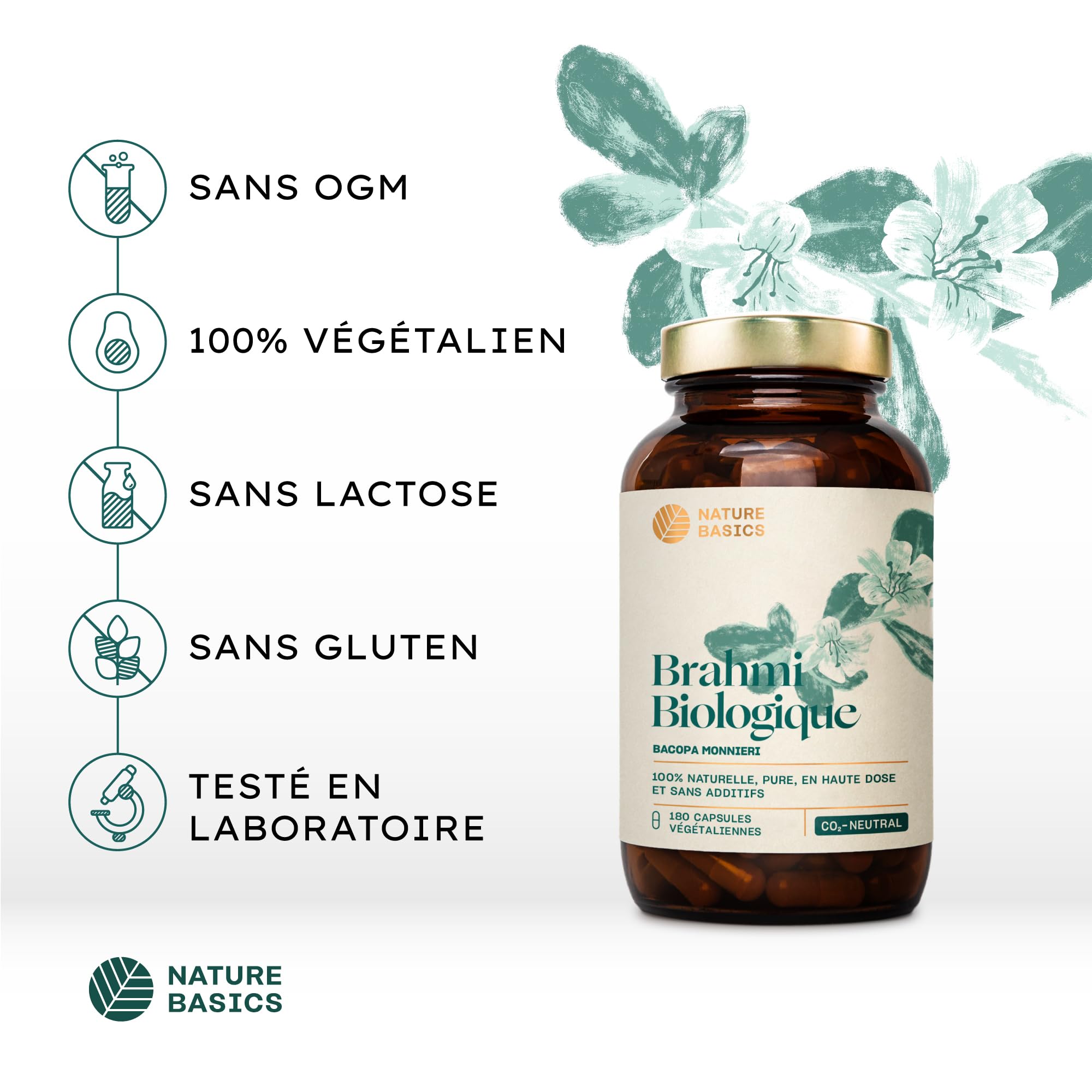 Nature Basics® Brahmi bio en bocal | 180 gélules végétaliennes - 3 mois d'approvisionnement | 1.000mg de poudre de brahmi bio par dose journalière | Neutre en CO