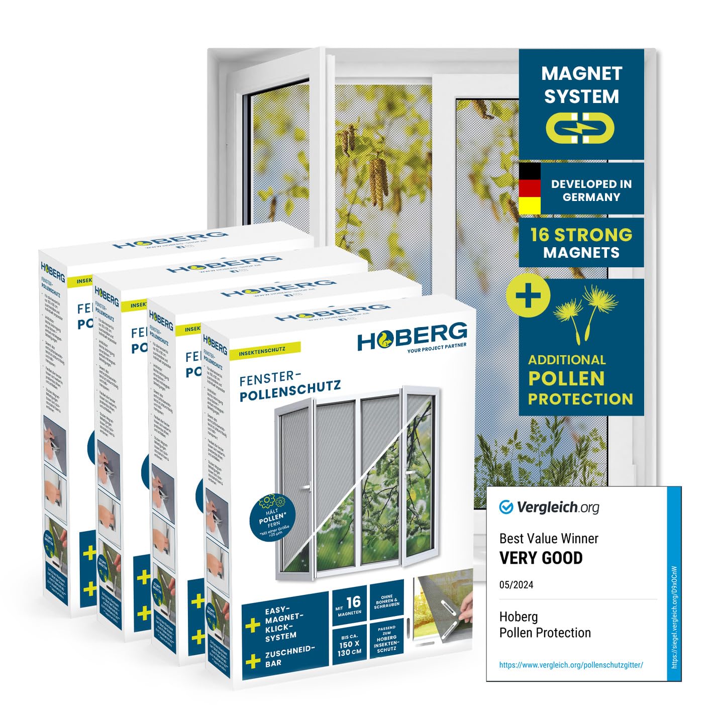 Hoberg Anthracite Window Pollen Screen With Innovative Magnetic Attachment | Fly Net Up To 150 X 130 Cm Individually Cut To Size, No Drilling And Screwing | Mosquito Net Attach With 16 Magnets [4 Pieces]