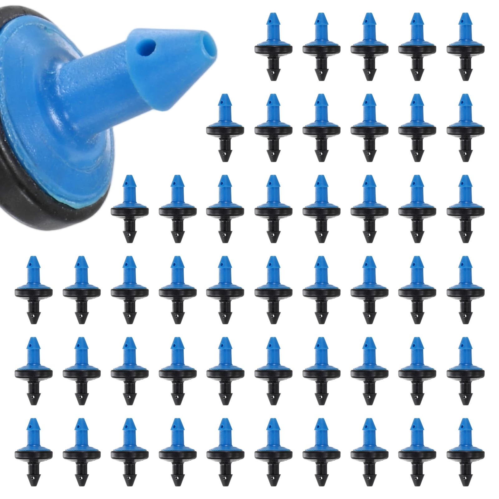 M METERXITY 50-Pack 1.1GPH Pressure Compensating Drippers, Drip Irrigation Emitters for Garden Lawn/Pots Plant Irrigation Systems, Drip Sprinkler Heads [Blue+Black]