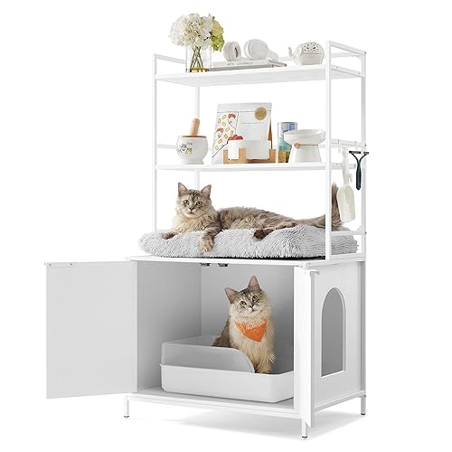 Feandrea Cat Litter Box Enclosure, Hidden Litter Box Furniture with 2 Storage Shelves, 2 Hooks, Spacious for Large Cats, Indoor Cat House, Snow White UPCL009W01