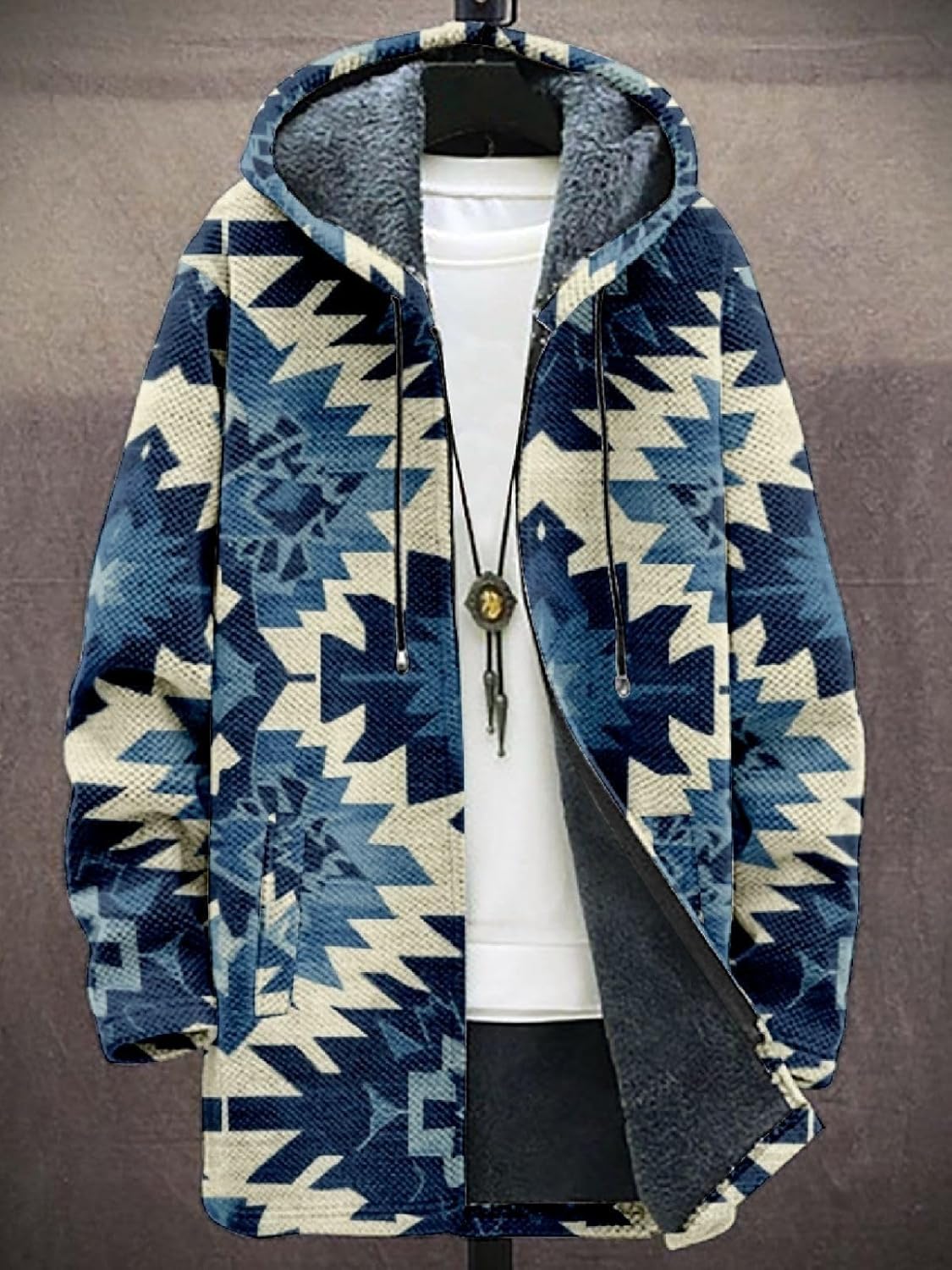 2025 Men's Ethnic Pattern Hooded Jacket Long Cardigan Hoodies Full Zip Vintage Knitted Zipper Coat with Pocket - Image 3