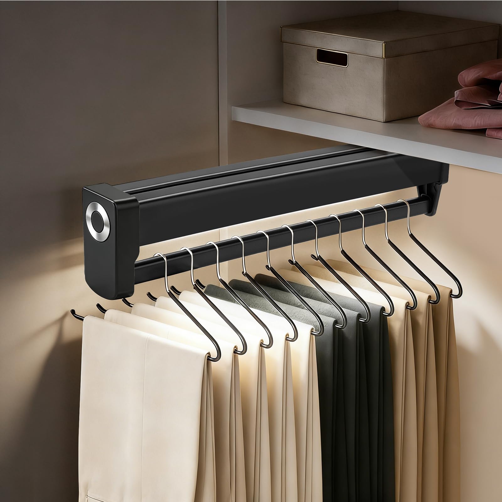 Ausziehbare Kleiderstange mit LED-Beleuchtung für Kleiderbügel, Verstellbarer Hosenaufhängung Teleskop Kleiderstange Schrank Hosenhalter Garderobenstange Ausziehbar für Kleiderschrank - 550mm | Verstellbarer, robuster Hosenständer, einziehbare Hosenbügel,