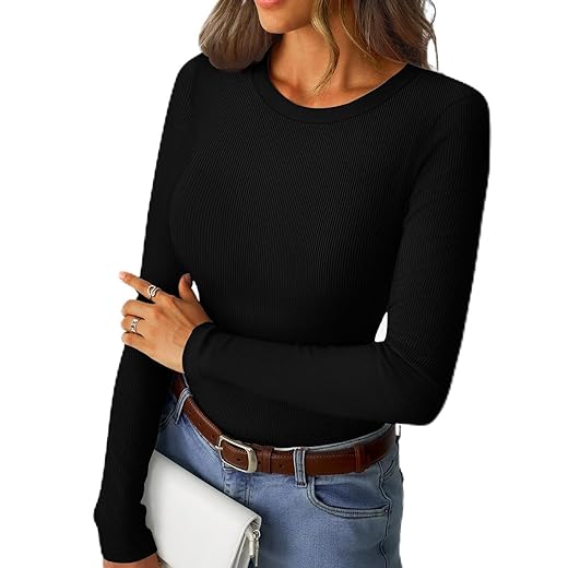 Blusas femininas de manga comprida com malha canelada para trabalho e escritório camisetas básicas para outono com elástico casual 2025