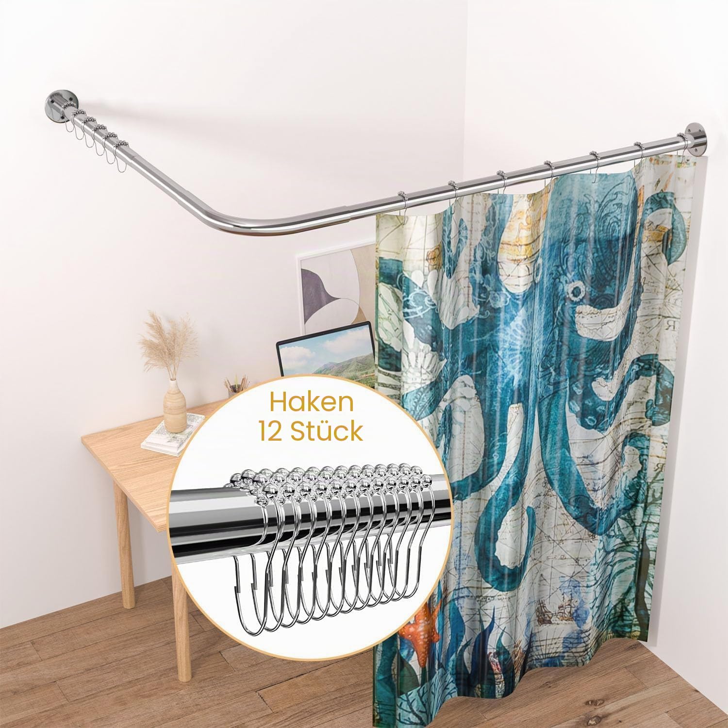 L-förmige Duschvorhangstange 60-133 cm x 60-133 cm, Verstellbare 304 Edelstahl L-Form Eck Duschstange, 90 Grad Gebogene Bohrfreie Installation, Kein Durchhängen für Badezimmer & Badewanne