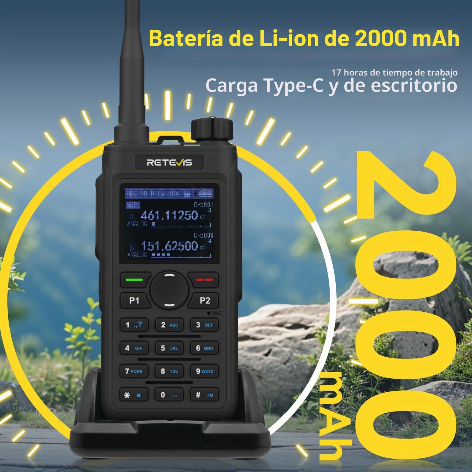 Retevis C62 Walkie Talkie de Mano, Ham Radio Recargable para Adultos, Radio Bidireccional de Alta Potencia y Largo Alcance, Linterna, 2000 mAh, para Senderismo, Caza y Acampada (Paquete de 2 en)