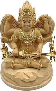 仏像 三面大黒天 忿怒形 木彫り 桧木製 金泥仕様 祈る 厄除け 繁樓藝雕(高さ17cm×巾12cm×奥行12cm) (金泥仕上)