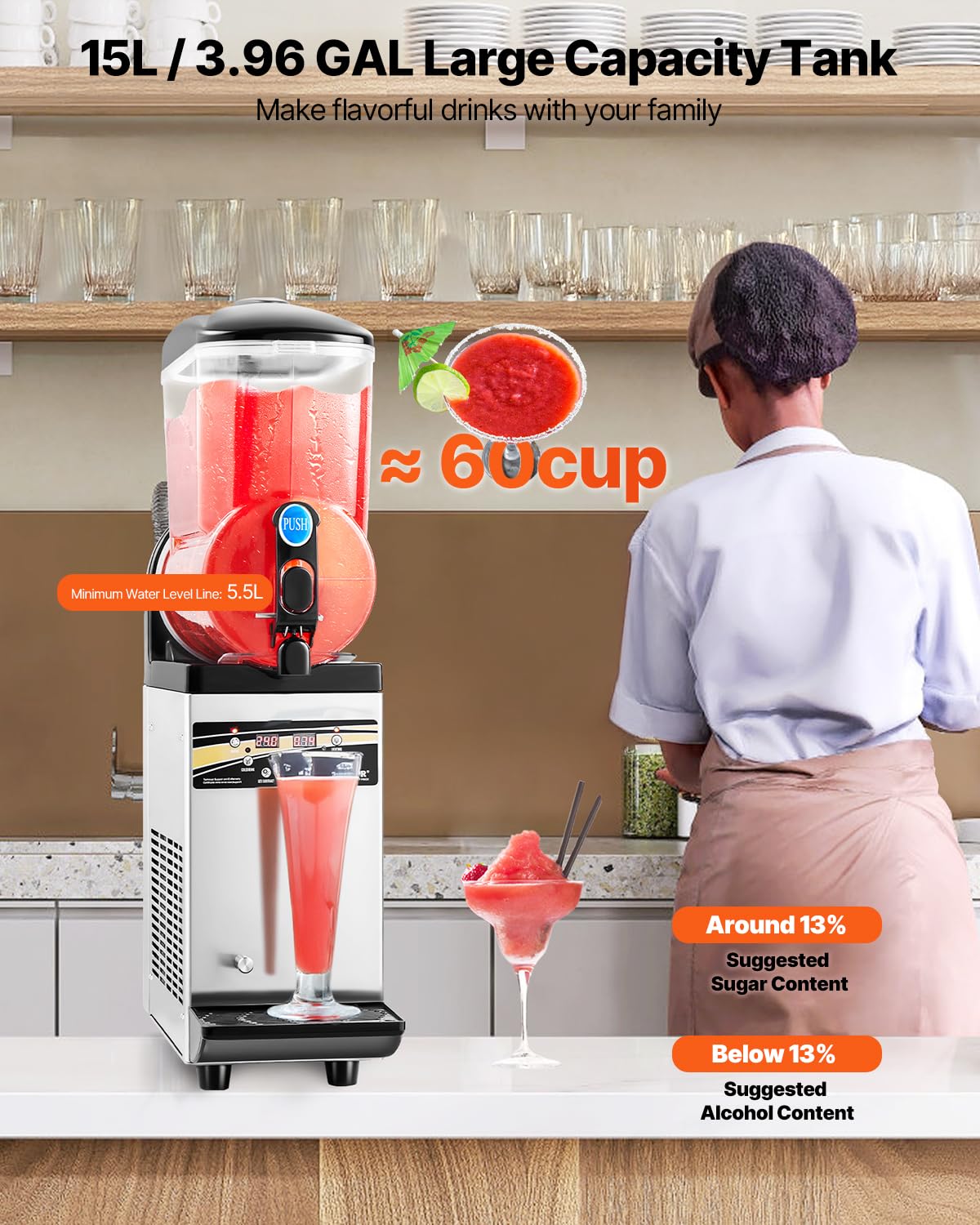 VEVOR kommerzieller Frozen Drink Maker, 15 L Slush-Maschine 60 Tassen Margarita-Smoothie-Maschine aus Edelstahl, Slush-Maker für Zuhause Partys Restaurants Cafés Bars