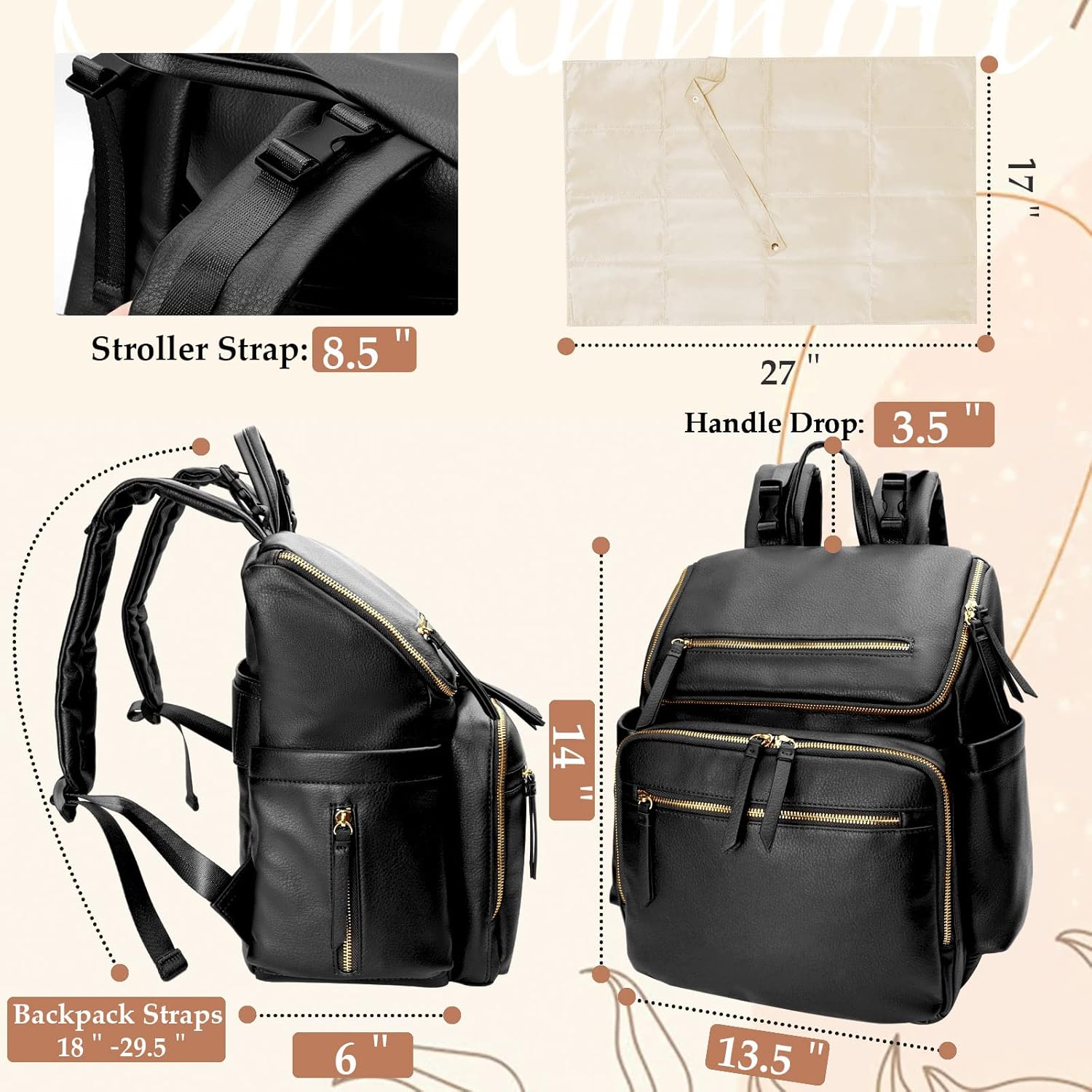 Omanmoli Diaper Bag Backpack Baby Diaper Bag Leather with 17 Diaper Bag Organizing Pouches,Changing Pad,Stroller Straps,4 Insulated Pockets,Black - Image 5