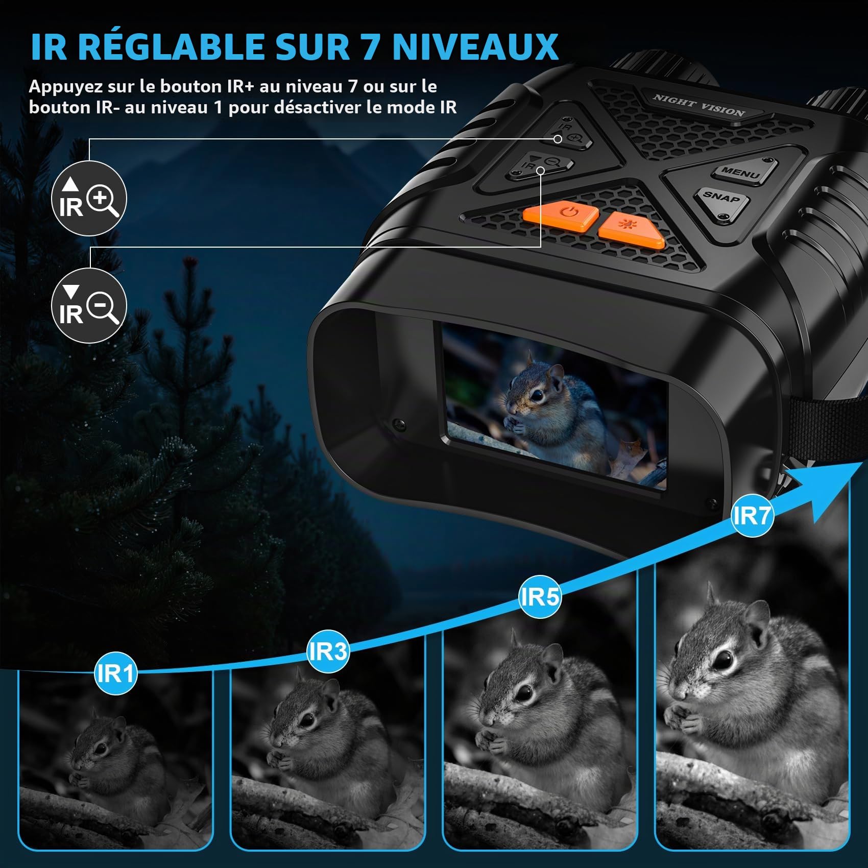 Jumelles Vision Nocturne, 10X Zoom Numérique Infrarouge Vision Nocturne, écran IPS HD de 2.8'', 7 Niveaux IR, Portée Visuelle 800 M, Carte TF 32 Go, Le Camping et l'observation de la Faune sauvag
