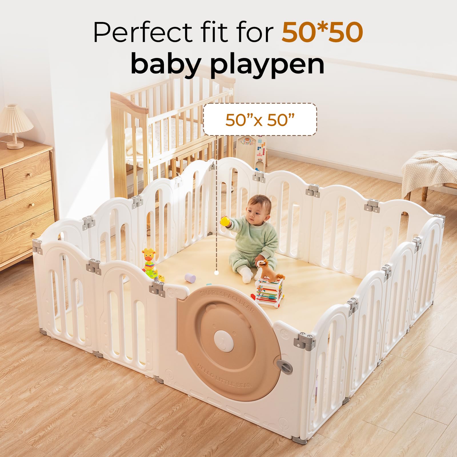 Uniency Vegan Leather Baby Play Mat for Floor, 50x50 Thick Foam Soft Padded Playpen Mat with Wipe-Clean and Waterproof Removable Cover for Babies and Toddlers Infants (Beige)