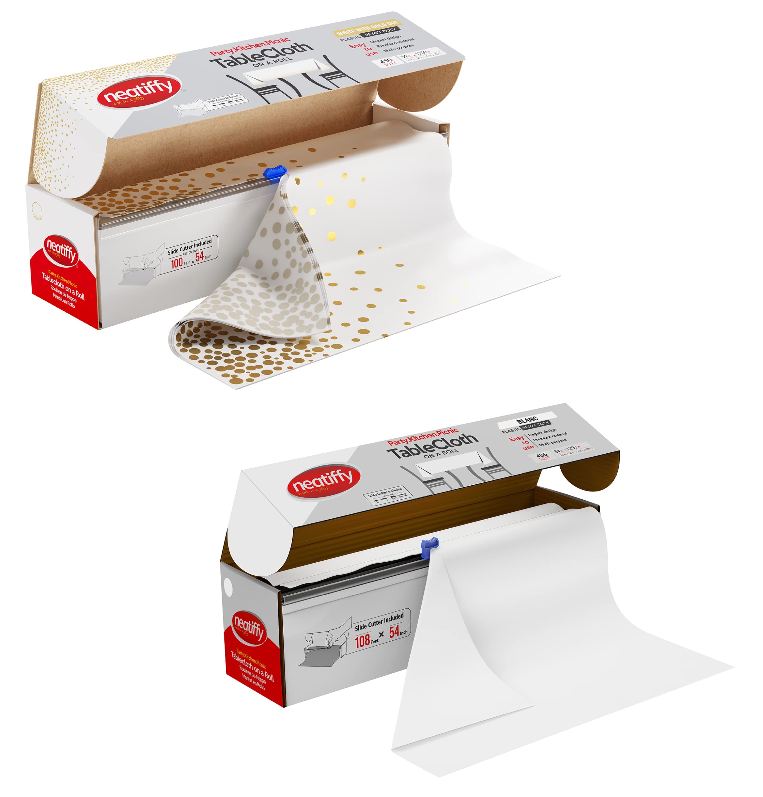 Neatiffy Disposable Plastic Table Cloth Roll with Slide Cutter | Waterproof Cover for Rectangle, Square, Oval Tables | Picnic, Party, Birthdays, Weddings - White Golden Dots & White Bundle