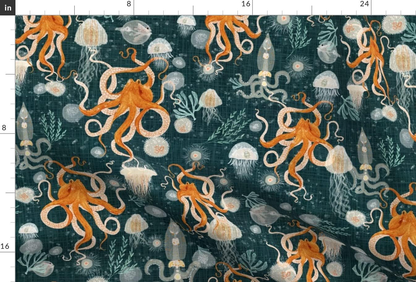 Spoonflower Fabric - Octopus Blue Orange Sea Ocean Octopus Midnight Jellyfish Life Weed Printed on Minky Fabric by The Yard - Sewing Baby Blankets Quilt Backing Plush