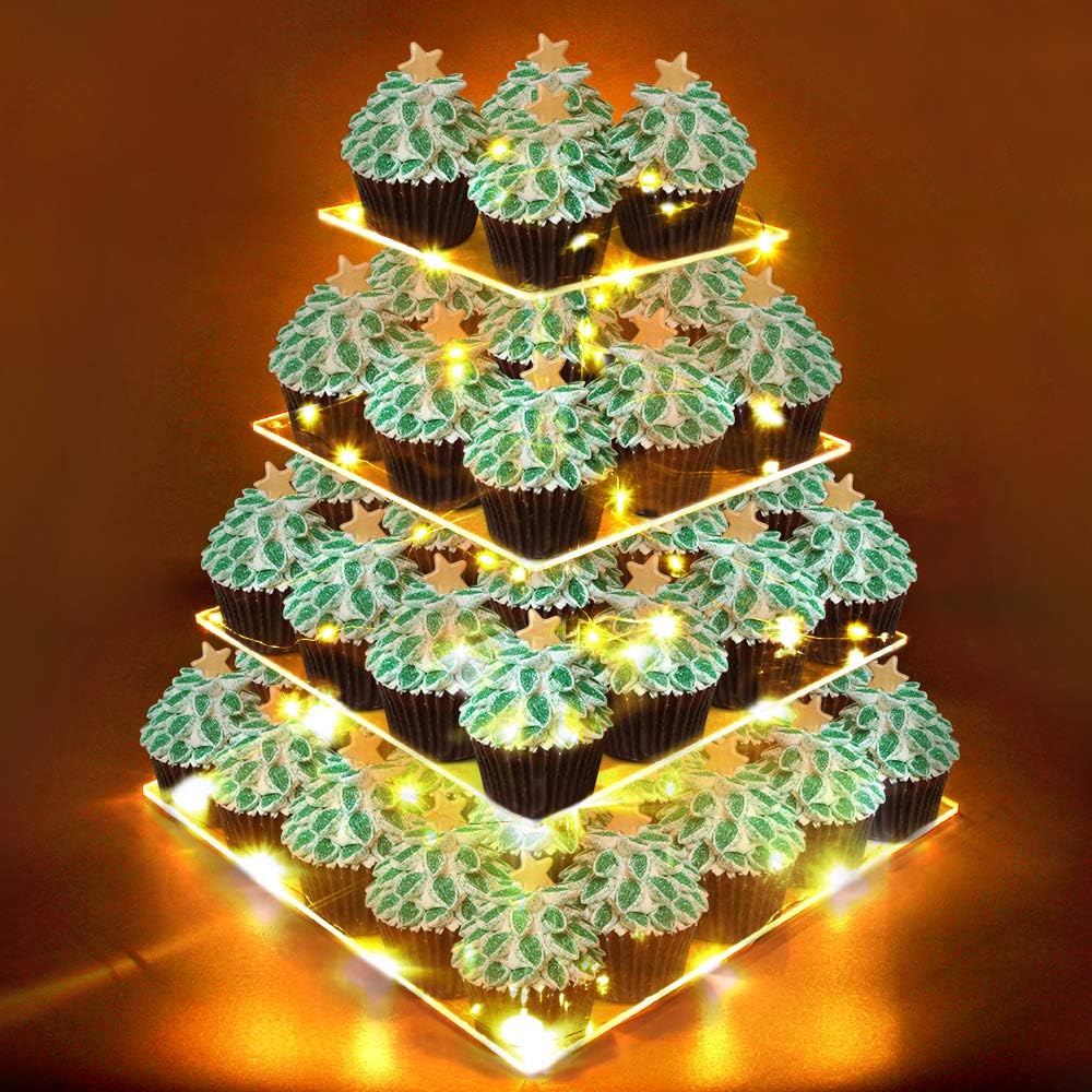 Review Discount 4 Tier Square Acrylic Cupcake Display Stand Holder with LED String Light Pastry Dessert Serving Platter for Birthday or Wedding Party