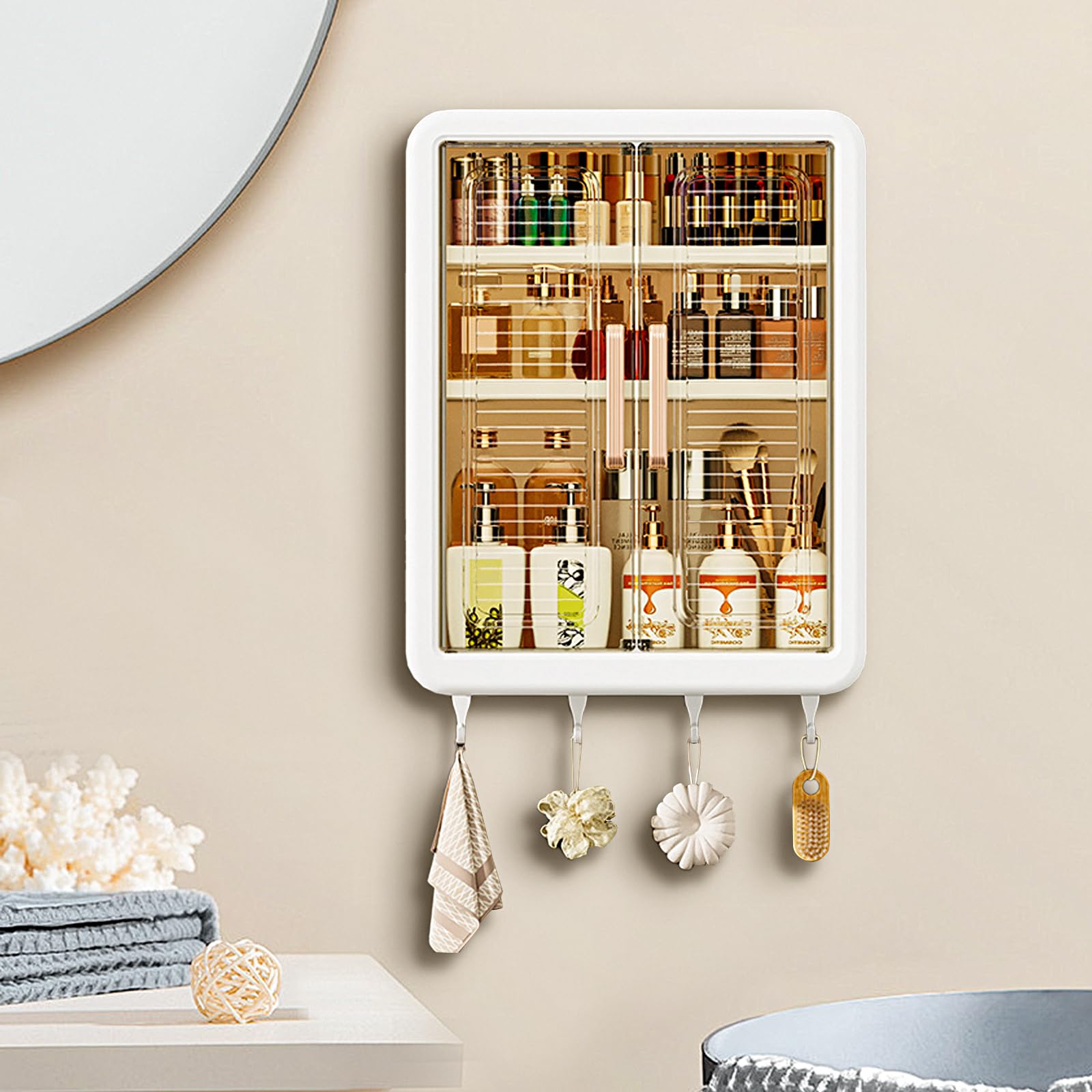 DASITON Wandmontierte Make up Organizer,Großer Kosmetik Aufbewahrung mit Deckel,Staubdichte Kosmetik Organizer Schmink Aufbewahrungbox,Skincare Organizer für Badezimmer,Schlafzimmer(Weiß 01)