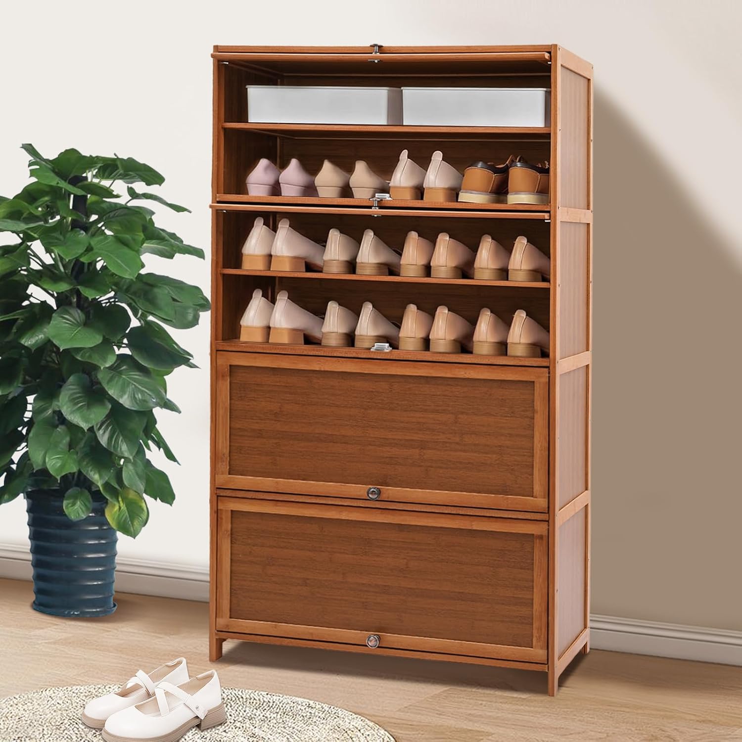 8-Tier Large Bamboo Shoe Storage Cabinet with Flip-up Doors, Free Standing Shoes Shelf Organizer Stand, Closet Cabinet Shelf Shoe Rack for Home Entryway Hallway (8 Shelfs (31.5 x 12.6 x 55.12"))