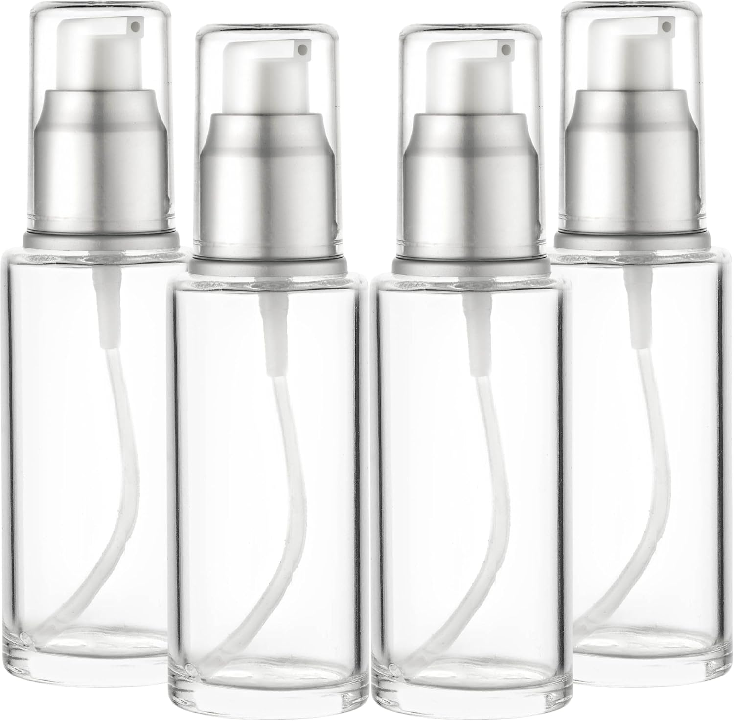 1.7 Oz 50ml Refillable Luxury Clear Glass Lotion Travel Pump Bottle with Silver Cap for Cosmetics, Lotion, Body Cream, Sanitizers, Cream, Foundation (Pack of 4)