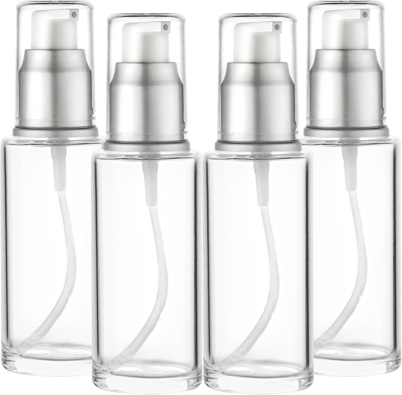 VitalUp Frascos de Vidro Transparente com Dispenser de Bomba e Tampa Prateada, 50 mL, Pacote com 4