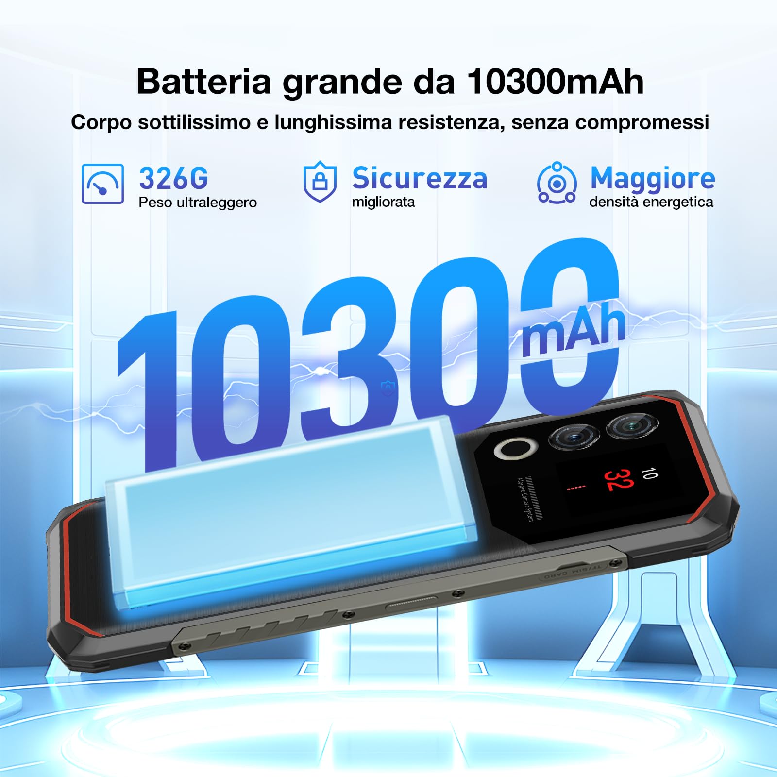 DOOGEE Blade10 MAX Rugged Smartphone, 1.54” Rear Display 6.56”HD,10300mAh Telefono Indistruttibile, 20(8+12) GB+256 GB, 50 MP+8 MP, NFC Triple Card Slot Android 14, Fingerprint Face Unlock, Argento