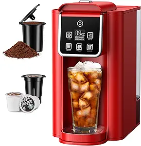 SHARDOR Single Serve Coffee Maker, Hot and Iced Coffee Machine for K Cup Pods & Ground Coffee, 6 to 14 oz Brew Sizes, with 50 oz Removable Water Tank, Bold Brew Setting, Stainless Steel, Red